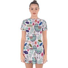 Floral Pattern With Birds Flowers Leaves Dark Background Drop Hem Mini Chiffon Dress by Vaneshart