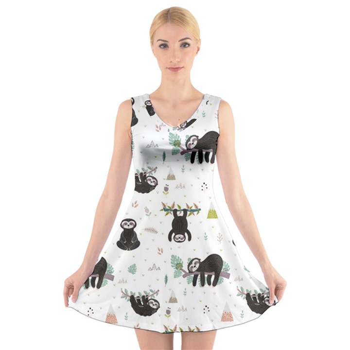 Cute sloths V-Neck Sleeveless Dress