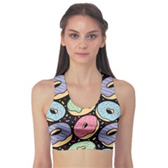 Colorful Donut Seamless Pattern On Black Vector Sports Bra by Sobalvarro