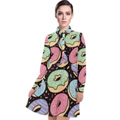 Colorful Donut Seamless Pattern On Black Vector Long Sleeve Chiffon Shirt Dress by Sobalvarro