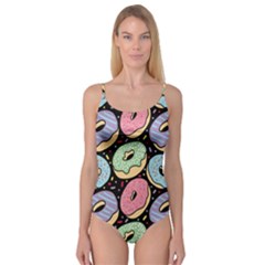 Colorful Donut Seamless Pattern On Black Vector Camisole Leotard  by Sobalvarro