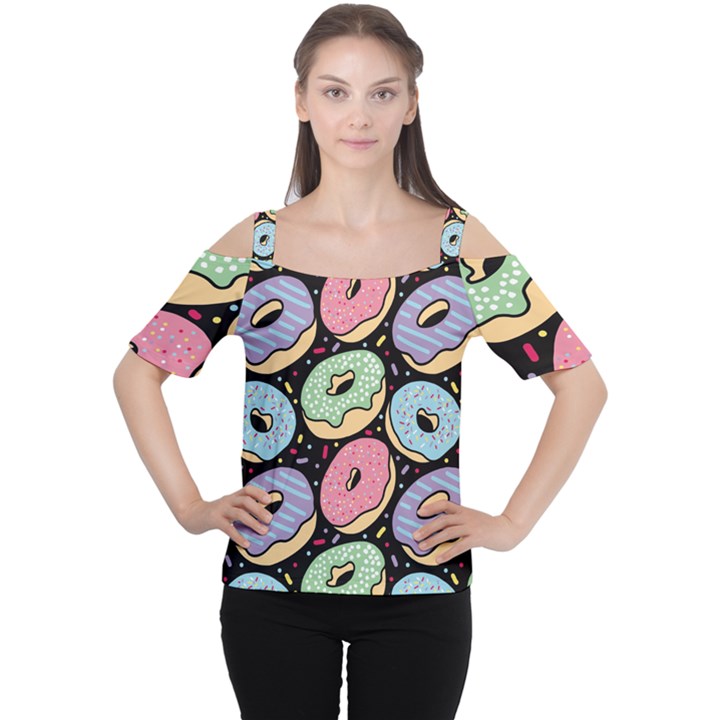 Colorful Donut Seamless Pattern On Black Vector Cutout Shoulder Tee