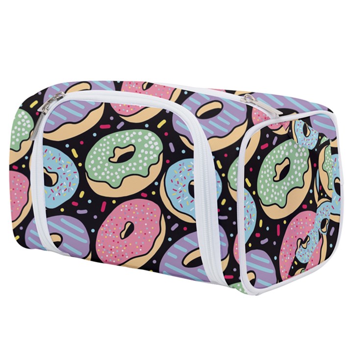 Colorful Donut Seamless Pattern On Black Vector Toiletries Pouch