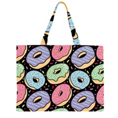 Colorful Donut Seamless Pattern On Black Vector Zipper Large Tote Bag by Sobalvarro