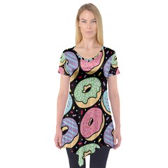 Colorful Donut Seamless Pattern On Black Vector Short Sleeve Tunic  by Sobalvarro