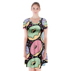 Colorful Donut Seamless Pattern On Black Vector Short Sleeve V-neck Flare Dress by Sobalvarro