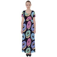 Colorful Donut Seamless Pattern On Black Vector High Waist Short Sleeve Maxi Dress by Sobalvarro