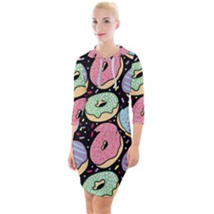 Colorful Donut Seamless Pattern On Black Vector Quarter Sleeve Hood Bodycon Dress by Sobalvarro