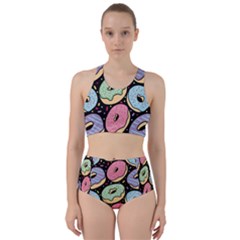 Colorful Donut Seamless Pattern On Black Vector Racer Back Bikini Set by Sobalvarro