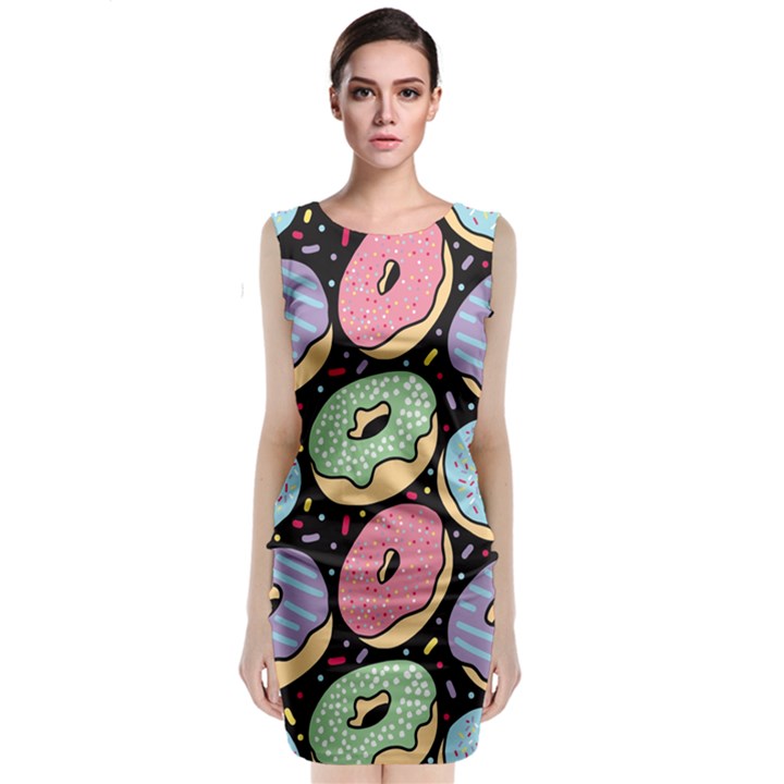Colorful Donut Seamless Pattern On Black Vector Sleeveless Velvet Midi Dress