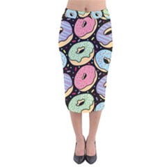 Colorful Donut Seamless Pattern On Black Vector Velvet Midi Pencil Skirt by Sobalvarro