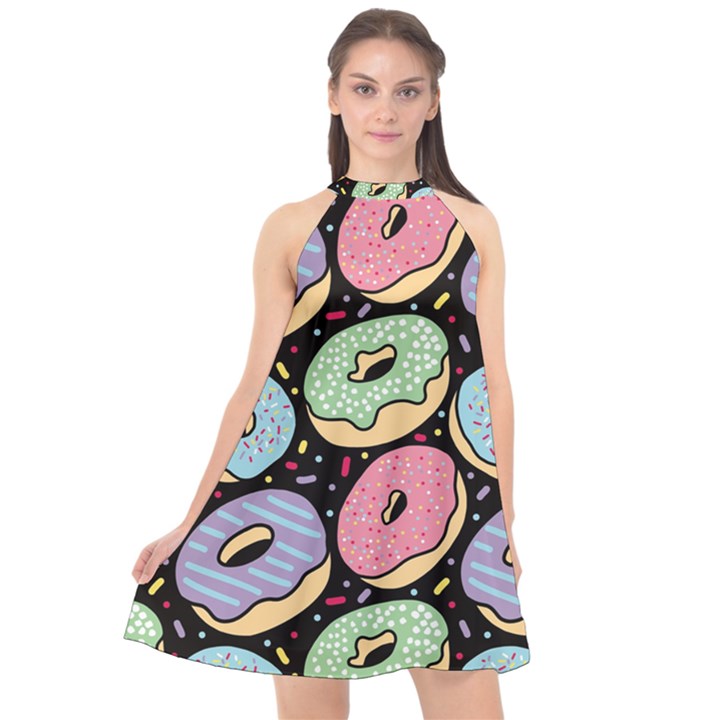 Colorful Donut Seamless Pattern On Black Vector Halter Neckline Chiffon Dress 