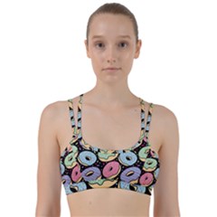 Colorful Donut Seamless Pattern On Black Vector Line Them Up Sports Bra by Sobalvarro