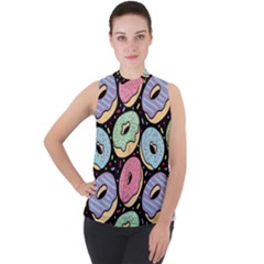 Colorful Donut Seamless Pattern On Black Vector Mock Neck Chiffon Sleeveless Top by Sobalvarro