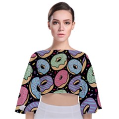 Colorful Donut Seamless Pattern On Black Vector Tie Back Butterfly Sleeve Chiffon Top by Sobalvarro