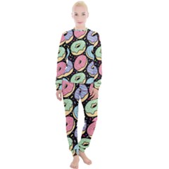 Colorful Donut Seamless Pattern On Black Vector Women s Lounge Set by Sobalvarro