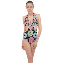 Colorful Donut Seamless Pattern On Black Vector Halter Front Plunge Swimsuit by Sobalvarro