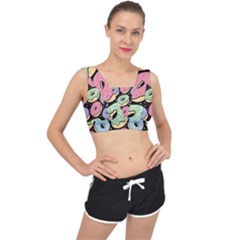 Colorful Donut Seamless Pattern On Black Vector V-back Sports Bra by Sobalvarro