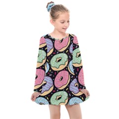 Colorful Donut Seamless Pattern On Black Vector Kids  Long Sleeve Dress by Sobalvarro