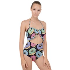 Colorful Donut Seamless Pattern On Black Vector Scallop Top Cut Out Swimsuit by Sobalvarro