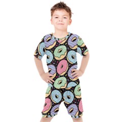 Colorful Donut Seamless Pattern On Black Vector Kids  Tee And Shorts Set by Sobalvarro