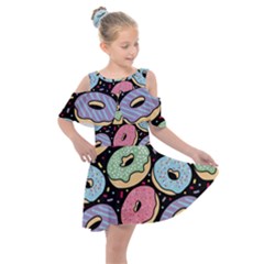 Colorful Donut Seamless Pattern On Black Vector Kids  Shoulder Cutout Chiffon Dress by Sobalvarro