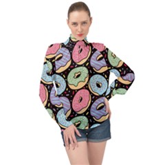 Colorful Donut Seamless Pattern On Black Vector High Neck Long Sleeve Chiffon Top by Sobalvarro