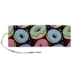 Colorful Donut Seamless Pattern On Black Vector Roll Up Canvas Pencil Holder (m) by Sobalvarro