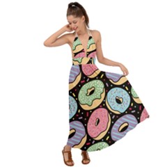 Colorful Donut Seamless Pattern On Black Vector Backless Maxi Beach Dress by Sobalvarro