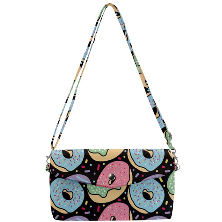 Colorful Donut Seamless Pattern On Black Vector Removable Strap Clutch Bag