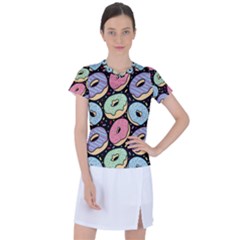 Colorful Donut Seamless Pattern On Black Vector Women s Sports Top by Sobalvarro