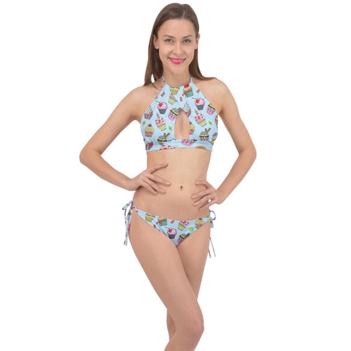 Cupcake Doodle Pattern Cross Front Halter Bikini Set