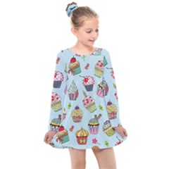 Cupcake Doodle Pattern Kids  Long Sleeve Dress by Sobalvarro