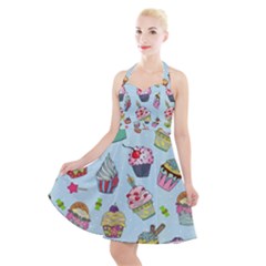 Cupcake Doodle Pattern Halter Party Swing Dress  by Sobalvarro