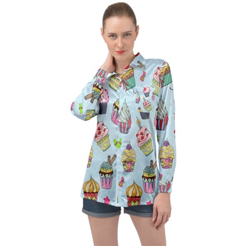 Cupcake Doodle Pattern Long Sleeve Satin Shirt by Sobalvarro