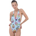 Cupcake Doodle Pattern Backless Halter One Piece Swimsuit View1