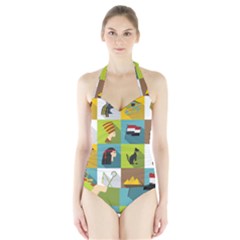 Egypt Travel Items Icons Set Flat Style Halter Swimsuit by Wegoenart