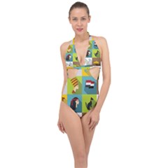 Egypt Travel Items Icons Set Flat Style Halter Front Plunge Swimsuit by Wegoenart