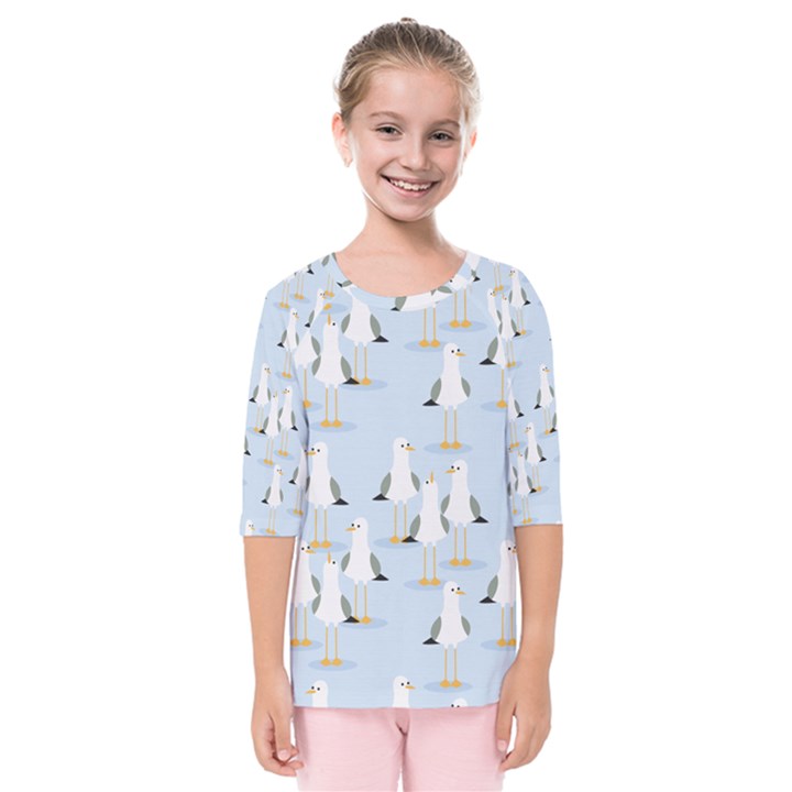 Cute Seagulls Seamless Pattern Light Blue Background Kids  Quarter Sleeve Raglan Tee