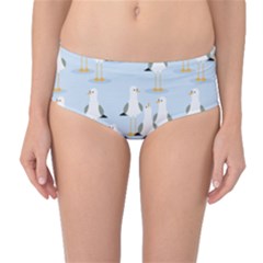 Cute Seagulls Seamless Pattern Light Blue Background Mid-Waist Bikini Bottoms