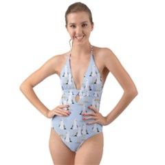 Cute Seagulls Seamless Pattern Light Blue Background Halter Cut-Out One Piece Swimsuit