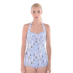 Cute Seagulls Seamless Pattern Light Blue Background Boyleg Halter Swimsuit 