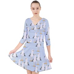 Cute Seagulls Seamless Pattern Light Blue Background Quarter Sleeve Front Wrap Dress