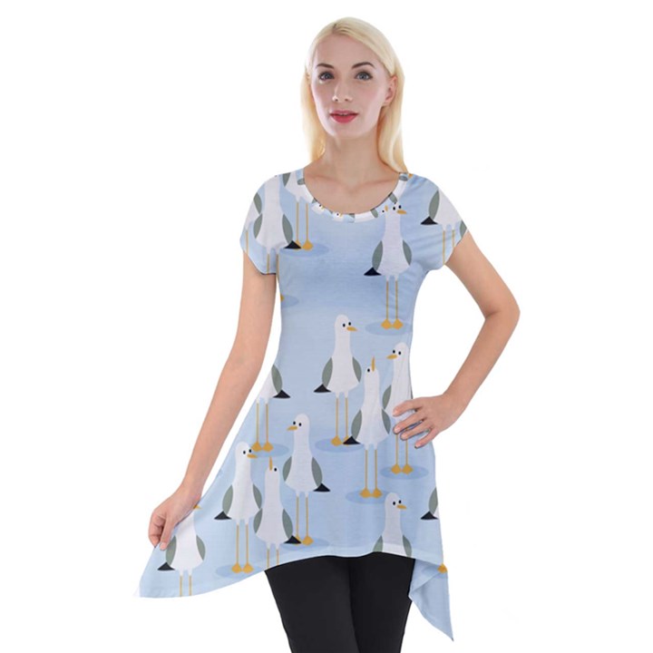 Cute Seagulls Seamless Pattern Light Blue Background Short Sleeve Side Drop Tunic