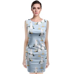 Cute Seagulls Seamless Pattern Light Blue Background Sleeveless Velvet Midi Dress