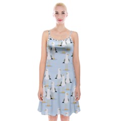 Cute Seagulls Seamless Pattern Light Blue Background Spaghetti Strap Velvet Dress