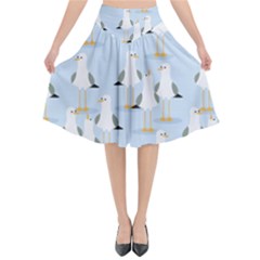 Cute Seagulls Seamless Pattern Light Blue Background Flared Midi Skirt