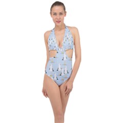 Cute Seagulls Seamless Pattern Light Blue Background Halter Front Plunge Swimsuit