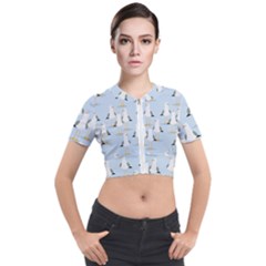 Cute Seagulls Seamless Pattern Light Blue Background Short Sleeve Cropped Jacket