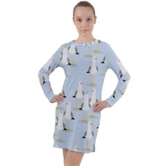 Cute Seagulls Seamless Pattern Light Blue Background Long Sleeve Hoodie Dress